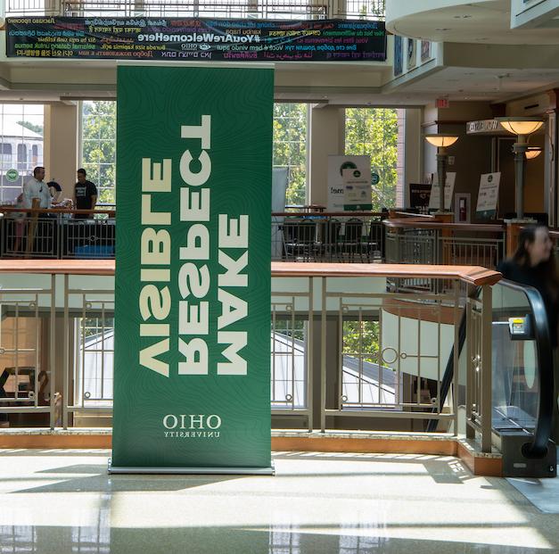 A banner hangs in Baker University Center that reads "make respect visible"